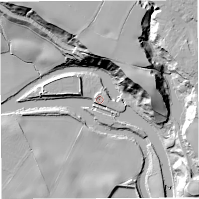 Shaded relief map of the ground around CW84HQ, computed from Environment Agency LiDAR. The ground here sits at about 11 m above sea level and falls 40 m across the surrounding 800 m. Surface water reaching this point runs off ground lying to the east-south-east, 4.6 m higher.