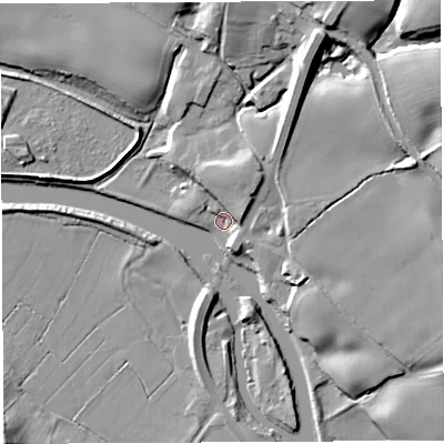 Shaded relief map of the ground around CW84QT, computed from Environment Agency LiDAR. The ground here sits at about 10 m above sea level and falls 25 m across the surrounding 800 m. Surface water reaching this point runs off ground lying to the north-east, 9.8 m higher.