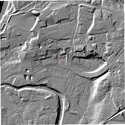 Shaded relief map of the ground around CW95AA, computed from Environment Agency LiDAR. The ground here sits at about 14 m above sea level and falls 18 m across the surrounding 800 m. Surface water reaching this point runs off ground lying to the east-north-east, 12.4 m higher.