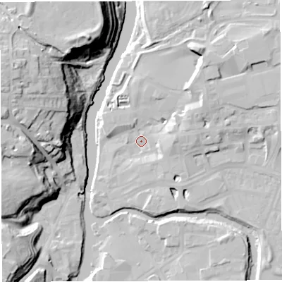 Shaded relief map of the ground around CW95AP, computed from Environment Agency LiDAR. The ground here sits at about 12 m above sea level and falls 33 m across the surrounding 800 m. Surface water reaching this point runs off ground lying to the north-east, 8.7 m higher.