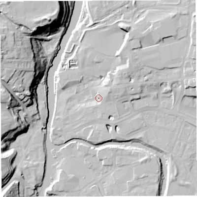 Shaded relief map of the ground around CW95AT, computed from Environment Agency LiDAR. The ground here sits at about 14 m above sea level and falls 32 m across the surrounding 800 m. Surface water reaching this point runs off ground lying to the south-south-east, 2.7 m higher.