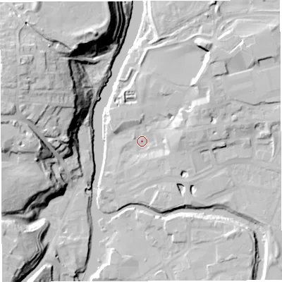 Shaded relief map of the ground around CW95AU, computed from Environment Agency LiDAR. The ground here sits at about 12 m above sea level and falls 33 m across the surrounding 800 m. Surface water reaching this point runs off ground lying to the north-east, 8.7 m higher.