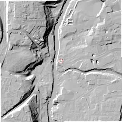 Shaded relief map of the ground around CW95AW, computed from Environment Agency LiDAR. The ground here sits at about 12 m above sea level and falls 33 m across the surrounding 800 m. Surface water reaching this point runs off ground lying to the east-north-east, 2.8 m higher.