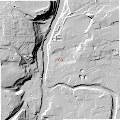 Shaded relief map of the ground around CW95AX, computed from Environment Agency LiDAR. The ground here sits at about 12 m above sea level and falls 33 m across the surrounding 800 m. Surface water reaching this point runs off ground lying to the east-north-east, 6.8 m higher.
