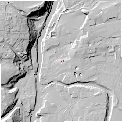 Shaded relief map of the ground around CW95AY, computed from Environment Agency LiDAR. The ground here sits at about 13 m above sea level and falls 33 m across the surrounding 800 m. Surface water reaching this point runs off ground lying to the east, 3.2 m higher.