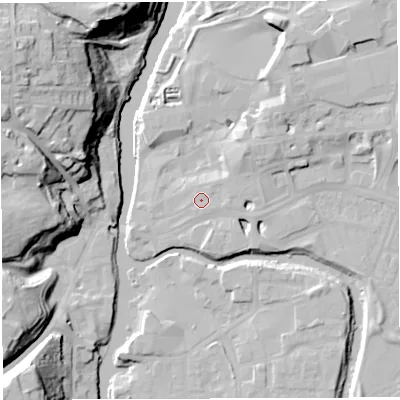 Shaded relief map of the ground around CW95BB, computed from Environment Agency LiDAR. The ground here sits at about 14 m above sea level and falls 33 m across the surrounding 800 m. Surface water reaching this point runs off ground lying to the east, 1.6 m higher.