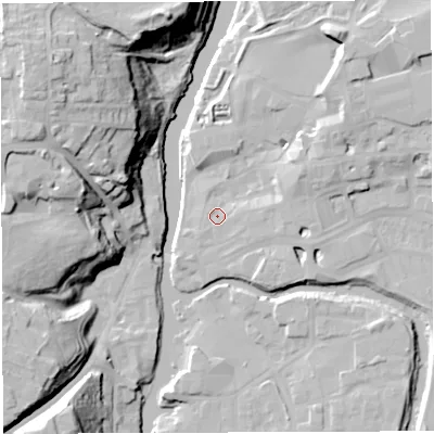 Shaded relief map of the ground around CW95BD, computed from Environment Agency LiDAR. The ground here sits at about 12 m above sea level and falls 33 m across the surrounding 800 m. Surface water reaching this point runs off ground lying to the east, 1.6 m higher.