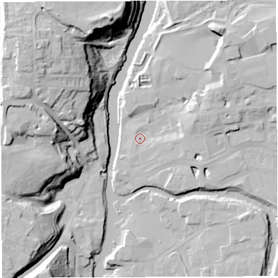 Shaded relief map of the ground around CW95BE, computed from Environment Agency LiDAR. The ground here sits at about 12 m above sea level and falls 33 m across the surrounding 800 m. Surface water reaching this point runs off ground lying to the east-north-east, 6.8 m higher.