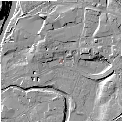 Shaded relief map of the ground around CW95BF, computed from Environment Agency LiDAR. The ground here sits at about 14 m above sea level and falls 27 m across the surrounding 800 m. Surface water reaching this point runs off ground lying to the east, 12.4 m higher.