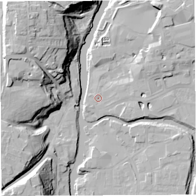 Shaded relief map of the ground around CW95BJ, computed from Environment Agency LiDAR. The ground here sits at about 12 m above sea level and falls 33 m across the surrounding 800 m. Surface water reaching this point runs off ground lying to the east, 2.8 m higher.