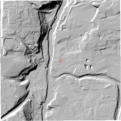 Shaded relief map of the ground around CW95BL, computed from Environment Agency LiDAR. The ground here sits at about 13 m above sea level and falls 33 m across the surrounding 800 m. Surface water reaching this point runs off ground lying to the east-north-east, 2.4 m higher.