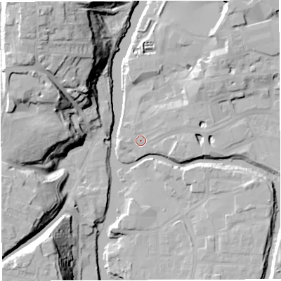 Shaded relief map of the ground around CW95BN, computed from Environment Agency LiDAR. The ground here sits at about 12 m above sea level and falls 33 m across the surrounding 800 m. Surface water reaching this point runs off ground lying to the east-south-east, 3.8 m higher.