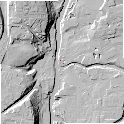 Shaded relief map of the ground around CW95BS, computed from Environment Agency LiDAR. The ground here sits at about 11 m above sea level and falls 32 m across the surrounding 800 m. Surface water reaching this point runs off ground lying to the north-north-west, 2.1 m higher.