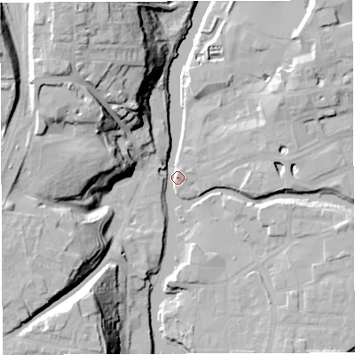Shaded relief map of the ground around CW95BT, computed from Environment Agency LiDAR. The ground here sits at about 12 m above sea level and falls 33 m across the surrounding 800 m. Surface water reaching this point runs off ground lying to the north-north-west, 32.6 m higher.