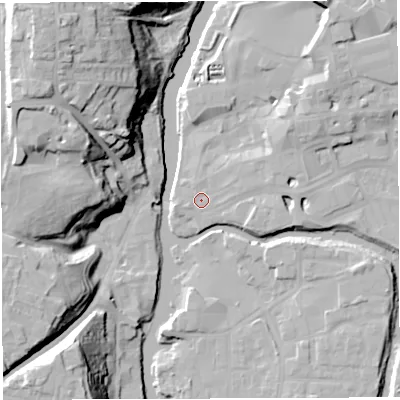 Shaded relief map of the ground around CW95BU, computed from Environment Agency LiDAR. The ground here sits at about 12 m above sea level and falls 33 m across the surrounding 800 m. Surface water reaching this point runs off ground lying to the east-south-east, 3.8 m higher.