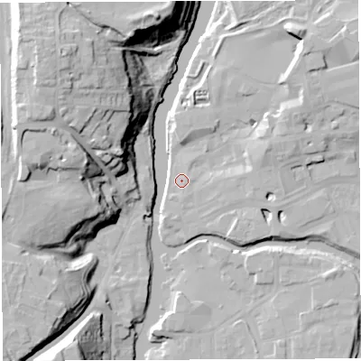 Shaded relief map of the ground around CW95BW, computed from Environment Agency LiDAR. The ground here sits at about 12 m above sea level and falls 33 m across the surrounding 800 m. Surface water reaching this point runs off ground lying to the south-south-west, 1.3 m higher.
