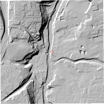 Shaded relief map of the ground around CW95BX, computed from Environment Agency LiDAR. The ground here sits at about 12 m above sea level and falls 33 m across the surrounding 800 m. Surface water reaching this point runs off ground lying to the north-west, 32.6 m higher.