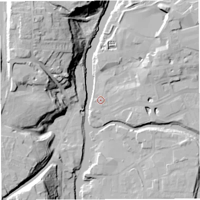 Shaded relief map of the ground around CW95BY, computed from Environment Agency LiDAR. The ground here sits at about 12 m above sea level and falls 33 m across the surrounding 800 m. Surface water reaching this point runs off ground lying to the south-south-west, 1.2 m higher.
