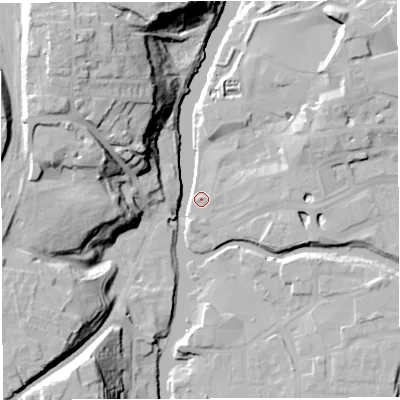Shaded relief map of the ground around CW95BZ, computed from Environment Agency LiDAR. The ground here sits at about 12 m above sea level and falls 33 m across the surrounding 800 m. Surface water reaching this point runs off ground lying to the south-south-west, 1.2 m higher.