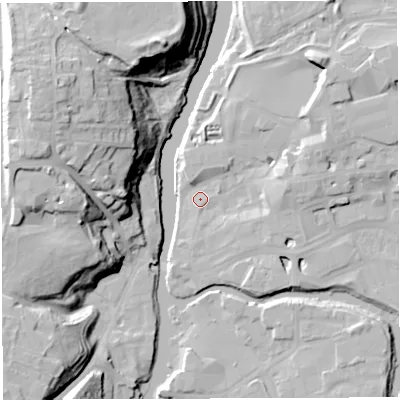 Shaded relief map of the ground around CW95DD, computed from Environment Agency LiDAR. The ground here sits at about 12 m above sea level and falls 33 m across the surrounding 800 m. Surface water reaching this point runs off ground lying to the north-east, 8.9 m higher.