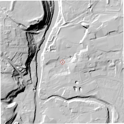 Shaded relief map of the ground around CW95DE, computed from Environment Agency LiDAR. The ground here sits at about 12 m above sea level and falls 33 m across the surrounding 800 m. Surface water reaching this point runs off ground lying to the north-east, 8.4 m higher.