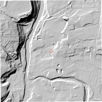 Shaded relief map of the ground around CW95EB, computed from Environment Agency LiDAR. The ground here sits at about 14 m above sea level and falls 32 m across the surrounding 800 m. Surface water reaching this point runs off ground lying to the east, 5.6 m higher.