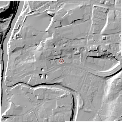Shaded relief map of the ground around CW95EP, computed from Environment Agency LiDAR. The ground here sits at about 14 m above sea level and falls 31 m across the surrounding 800 m. Surface water reaching this point runs off ground lying to the north-west, 4.5 m higher.
