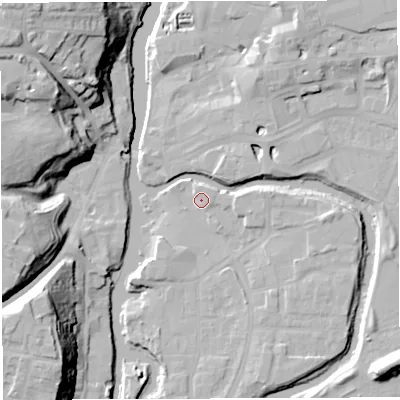 Shaded relief map of the ground around CW95EU, computed from Environment Agency LiDAR. The ground here sits at about 12 m above sea level and falls 31 m across the surrounding 800 m. Surface water reaching this point runs off ground lying to the south-south-east, 4.2 m higher.