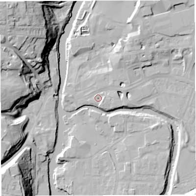 Shaded relief map of the ground around CW95EX, computed from Environment Agency LiDAR. The ground here sits at about 13 m above sea level and falls 33 m across the surrounding 800 m. Surface water reaching this point runs off ground lying to the east-south-east, 3.8 m higher.