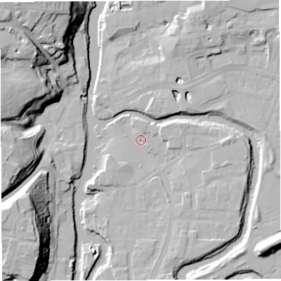 Shaded relief map of the ground around CW95EY, computed from Environment Agency LiDAR. The ground here sits at about 12 m above sea level and falls 30 m across the surrounding 800 m. Surface water reaching this point runs off ground lying to the south, 4.0 m higher.