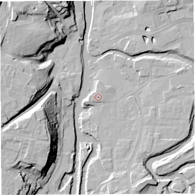 Shaded relief map of the ground around CW95FQ, computed from Environment Agency LiDAR. The ground here sits at about 14 m above sea level and falls 28 m across the surrounding 800 m. Surface water reaching this point runs off ground lying to the west-south-west, 2.3 m higher.