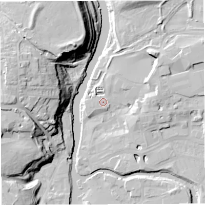 Shaded relief map of the ground around CW95FT, computed from Environment Agency LiDAR. The ground here sits at about 14 m above sea level and falls 33 m across the surrounding 800 m. Surface water reaching this point runs off ground lying to the north-north-east, 3.2 m higher.