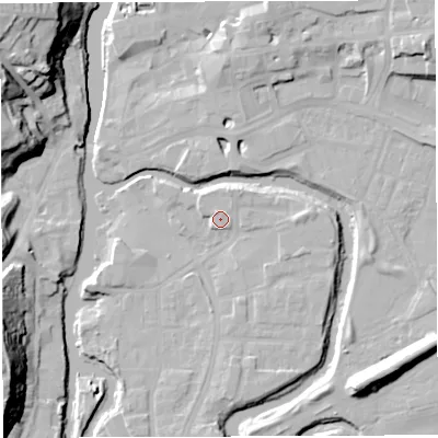 Shaded relief map of the ground around CW95FW, computed from Environment Agency LiDAR. The ground here sits at about 14 m above sea level and falls 28 m across the surrounding 800 m. Surface water reaching this point runs off ground lying to the north-north-east, 3.1 m higher.