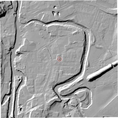 Shaded relief map of the ground around CW95GE, computed from Environment Agency LiDAR. The ground here sits at about 14 m above sea level and falls 19 m across the surrounding 800 m. Surface water reaching this point runs off ground lying to the east-north-east, 1.1 m higher.