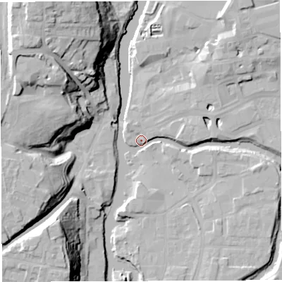 Shaded relief map of the ground around CW95HA, computed from Environment Agency LiDAR. The ground here sits at about 11 m above sea level and falls 32 m across the surrounding 800 m. Surface water reaching this point runs off ground lying to the east-south-east, 5.4 m higher.