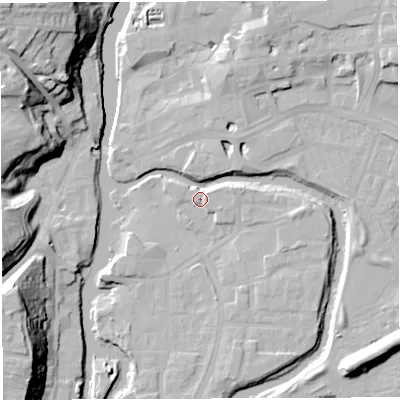 Shaded relief map of the ground around CW95HB, computed from Environment Agency LiDAR. The ground here sits at about 13 m above sea level and falls 30 m across the surrounding 800 m. Surface water reaching this point runs off ground lying to the east, 5.4 m higher.