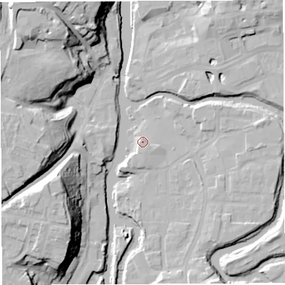 Shaded relief map of the ground around CW95HD, computed from Environment Agency LiDAR. The ground here sits at about 13 m above sea level and falls 29 m across the surrounding 800 m. Surface water reaching this point runs off ground lying to the south, 2.3 m higher.