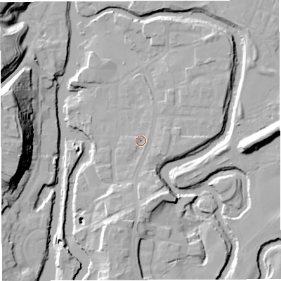 Shaded relief map of the ground around CW95HG, computed from Environment Agency LiDAR. The ground here sits at about 13 m above sea level and falls 27 m across the surrounding 800 m. Surface water reaching this point runs off ground lying to the south, 1.4 m higher.