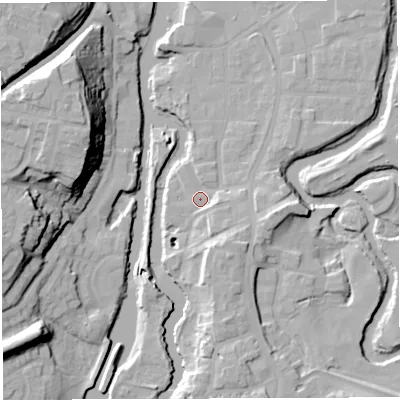 Shaded relief map of the ground around CW95HJ, computed from Environment Agency LiDAR. The ground here sits at about 14 m above sea level and falls 28 m across the surrounding 800 m. Surface water reaching this point runs off ground lying to the east-south-east, 3.8 m higher.