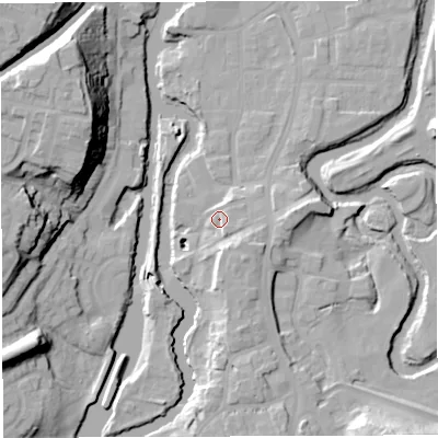 Shaded relief map of the ground around CW95HL, computed from Environment Agency LiDAR. The ground here sits at about 15 m above sea level and falls 28 m across the surrounding 800 m. Surface water reaching this point runs off ground lying to the east-south-east, 3.7 m higher.