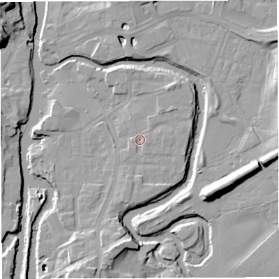 Shaded relief map of the ground around CW95HN, computed from Environment Agency LiDAR. The ground here sits at about 13 m above sea level and falls 18 m across the surrounding 800 m. Surface water reaching this point runs off ground lying to the north-east, 1.7 m higher.