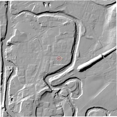 Shaded relief map of the ground around CW95HP, computed from Environment Agency LiDAR. The ground here sits at about 14 m above sea level and falls 16 m across the surrounding 800 m. Surface water reaching this point runs off ground lying to the south, 1.5 m higher.