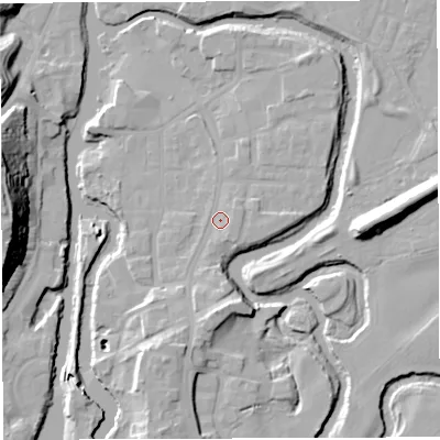 Shaded relief map of the ground around CW95HQ, computed from Environment Agency LiDAR. The ground here sits at about 14 m above sea level and falls 27 m across the surrounding 800 m. Surface water reaching this point runs off ground lying to the south, 6.7 m higher.
