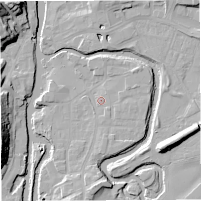 Shaded relief map of the ground around CW95HR, computed from Environment Agency LiDAR. The ground here sits at about 13 m above sea level and falls 26 m across the surrounding 800 m. Surface water reaching this point runs off ground lying to the east-north-east, 2.8 m higher.