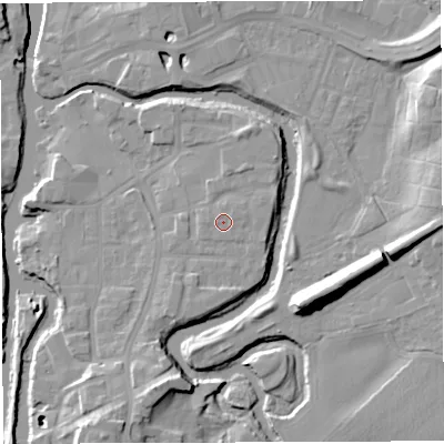 Shaded relief map of the ground around CW95HT, computed from Environment Agency LiDAR. The ground here sits at about 14 m above sea level and falls 16 m across the surrounding 800 m. Surface water reaching this point runs off ground lying to the north-east, 0.7 m higher.