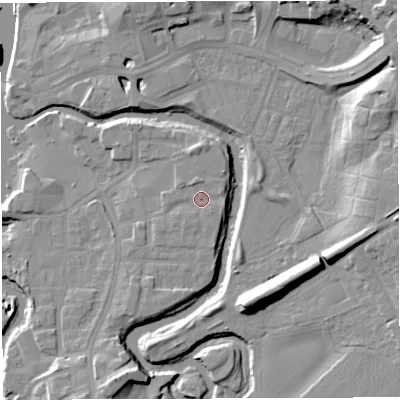 Shaded relief map of the ground around CW95HU, computed from Environment Agency LiDAR. The ground here sits at about 14 m above sea level and falls 17 m across the surrounding 800 m. Surface water reaching this point runs off ground lying to the north, 1.4 m higher.