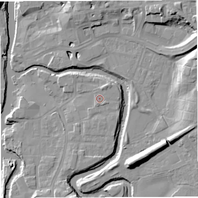 Shaded relief map of the ground around CW95JA, computed from Environment Agency LiDAR. The ground here sits at about 14 m above sea level and falls 16 m across the surrounding 800 m. Surface water reaching this point runs off ground lying to the north-north-east, 1.0 m higher.
