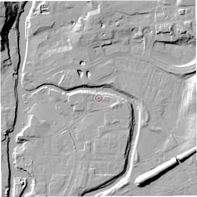 Shaded relief map of the ground around CW95JB, computed from Environment Agency LiDAR. The ground here sits at about 14 m above sea level and falls 25 m across the surrounding 800 m. Surface water reaching this point runs off ground lying to the north-east, 13.8 m higher.