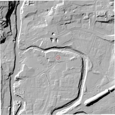 Shaded relief map of the ground around CW95JD, computed from Environment Agency LiDAR. The ground here sits at about 14 m above sea level and falls 27 m across the surrounding 800 m. Surface water reaching this point runs off ground lying to the north-north-west, 1.6 m higher.