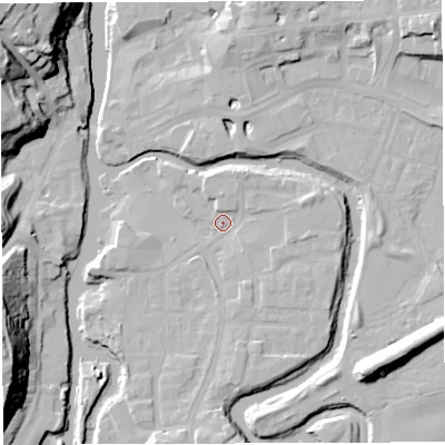 Shaded relief map of the ground around CW95JE, computed from Environment Agency LiDAR. The ground here sits at about 12 m above sea level and falls 27 m across the surrounding 800 m. Surface water reaching this point runs off ground lying to the south, 5.1 m higher.